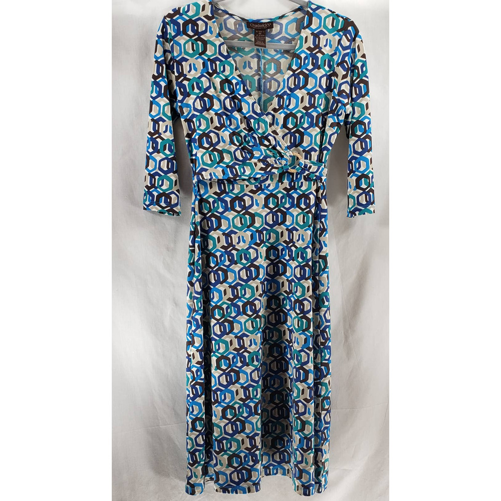 Chadwicks Collection Blue & Green Dress Size 4P Geometric Print Faux Wrap Jersey